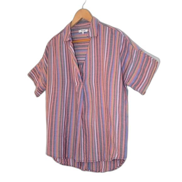 MADEWELL Courier Button Back Rainbow Stripe Boxy V-Neck Shirt size Small - Picture 11 of 12